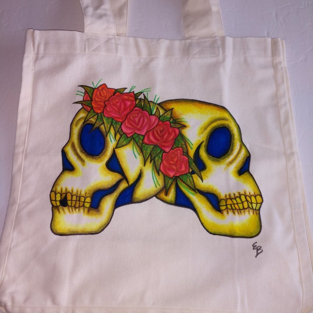 Hand-Painted Skull Tote Bag: Floral Rose Skulls, Reusable Canvas
